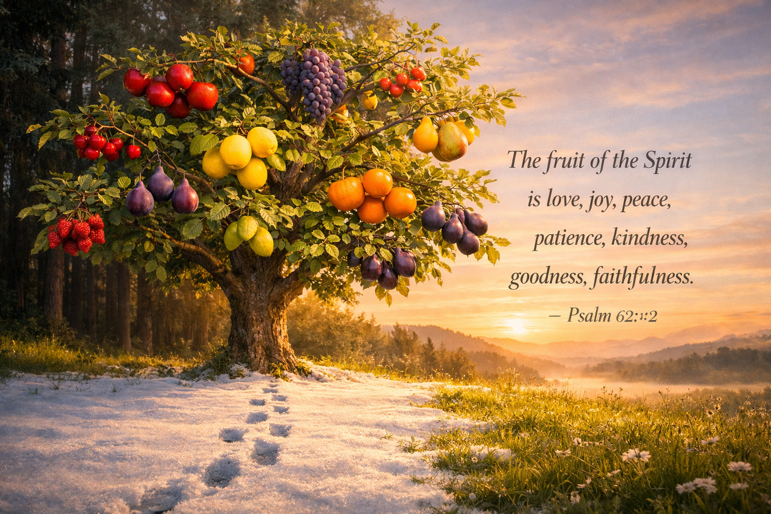 Bible verse wallpaper Galatians 5:22 with single tree bearing nine different types of fruit in golden hour meadow